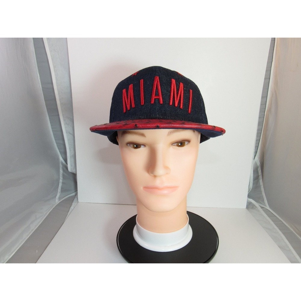 Seventy Seven Miami Hat Men'sโ Adjustable Denim Faux Ostrich Brim Red Blue